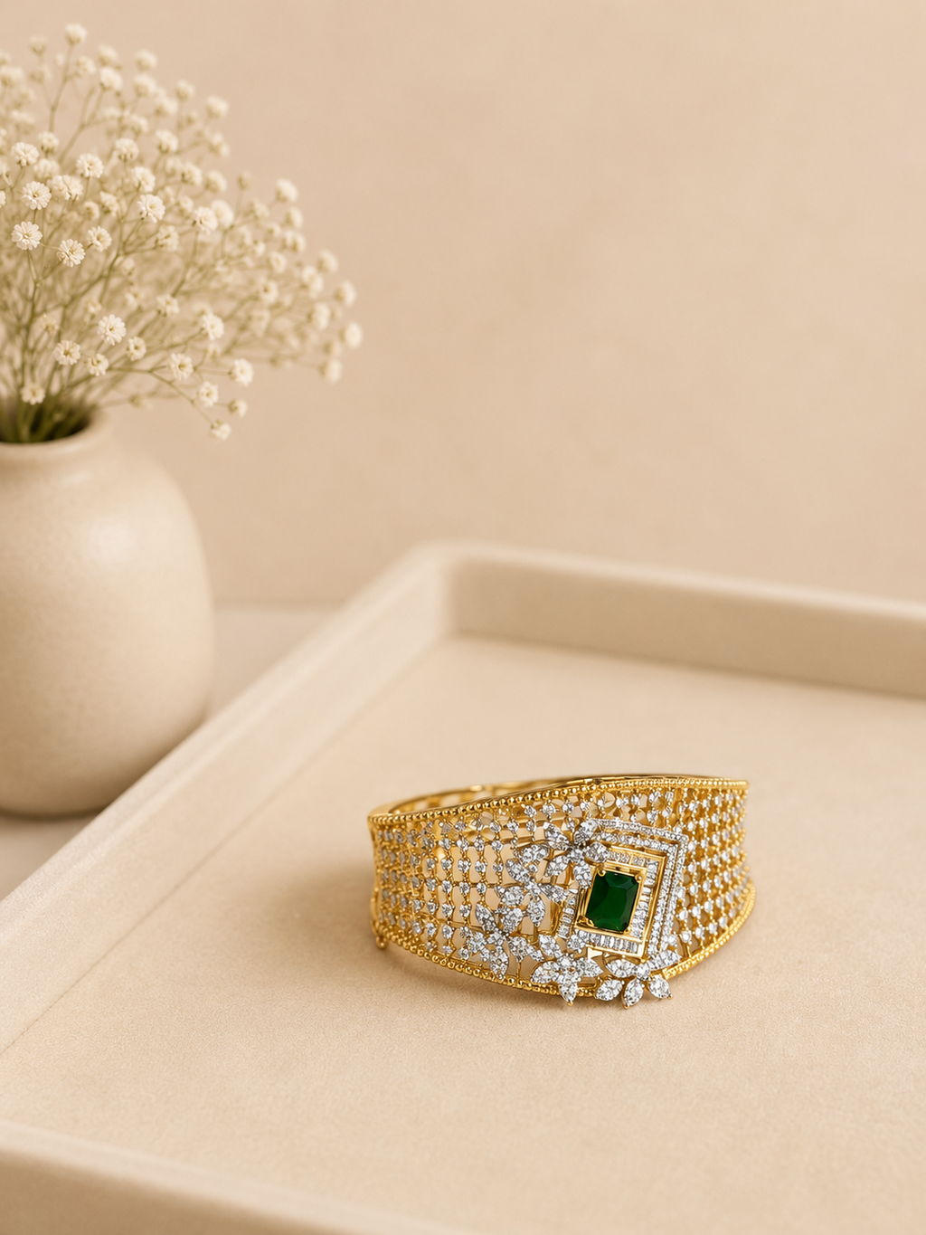 Emerald Royale Diamond Look Broad Kada Bracelet | Luxury Green Stone Statement Cuff