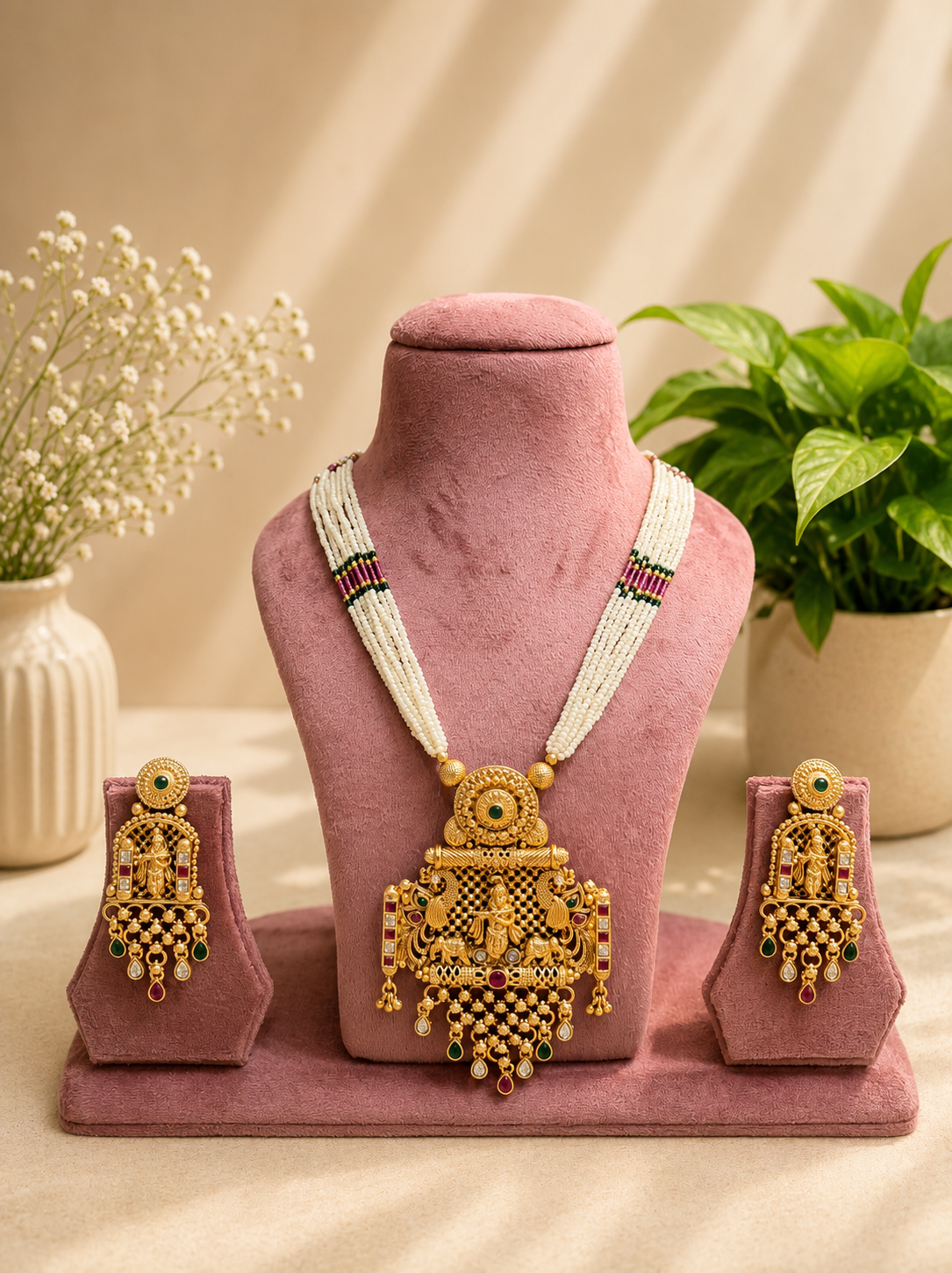 Temple Lakshmi Pearl Pendant Necklace | Antique Gold Beaded Temple Jewellery | Anti Tarnish