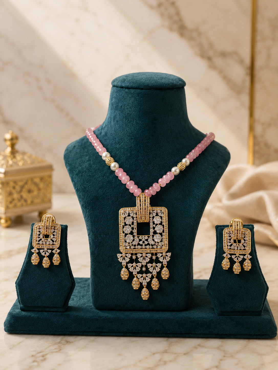 Pink Beaded American Diamond Pendant Necklace Set with Matching Earrings | Geometric Designer Jewellery