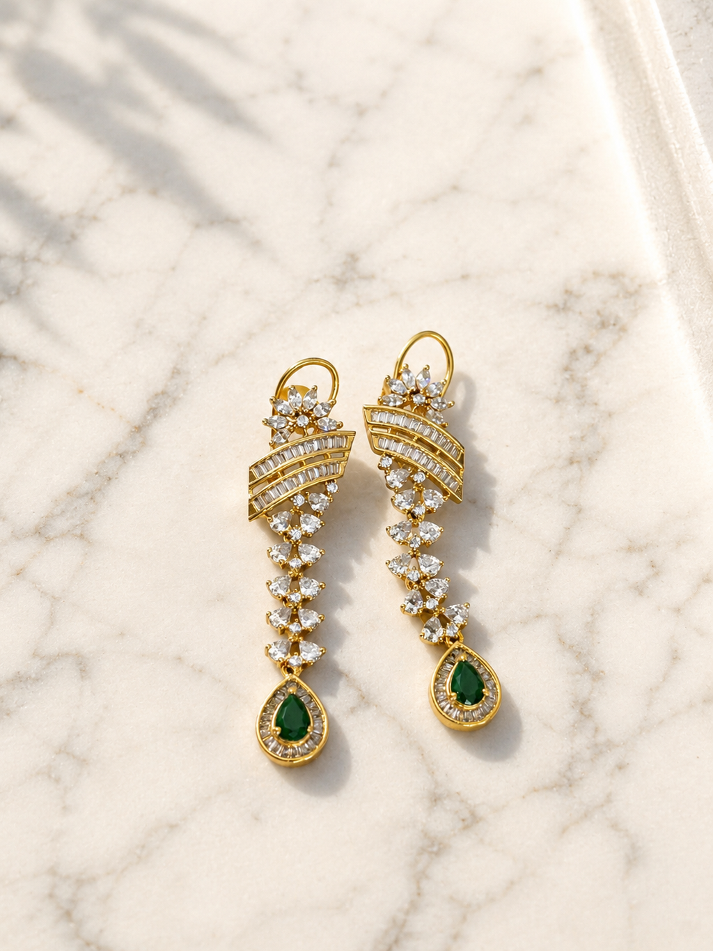 Emerald Cascade Diamond Look Necklace Set | Green Stone American Diamond Jewellery