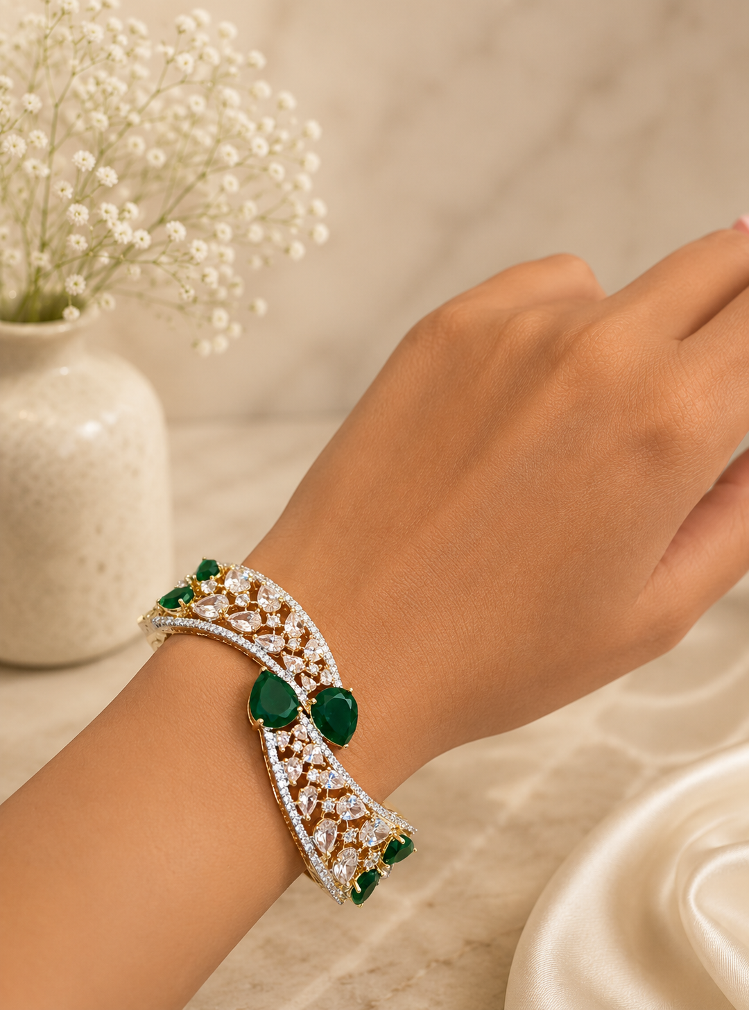 Emerald Wave Diamond Look Cuff Bracelet | Premium Gold Finish Kada for Women