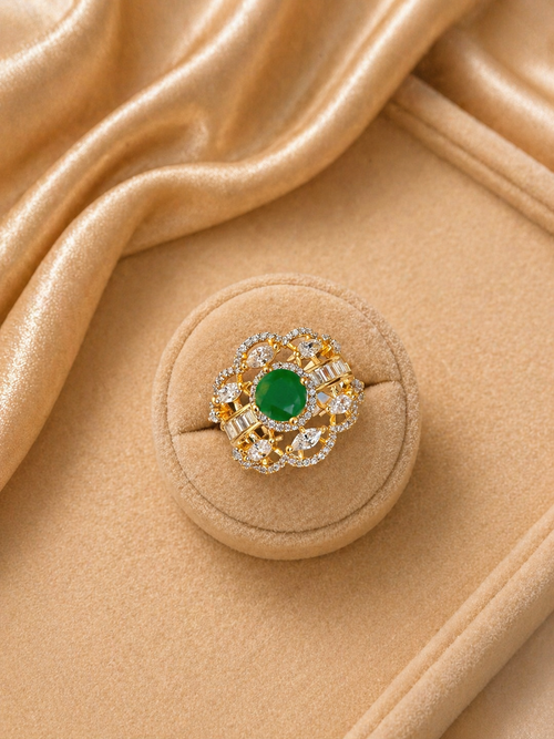 Adjustable Ruby Red/Green Floral Statement Ring with Diamond Look Detailing