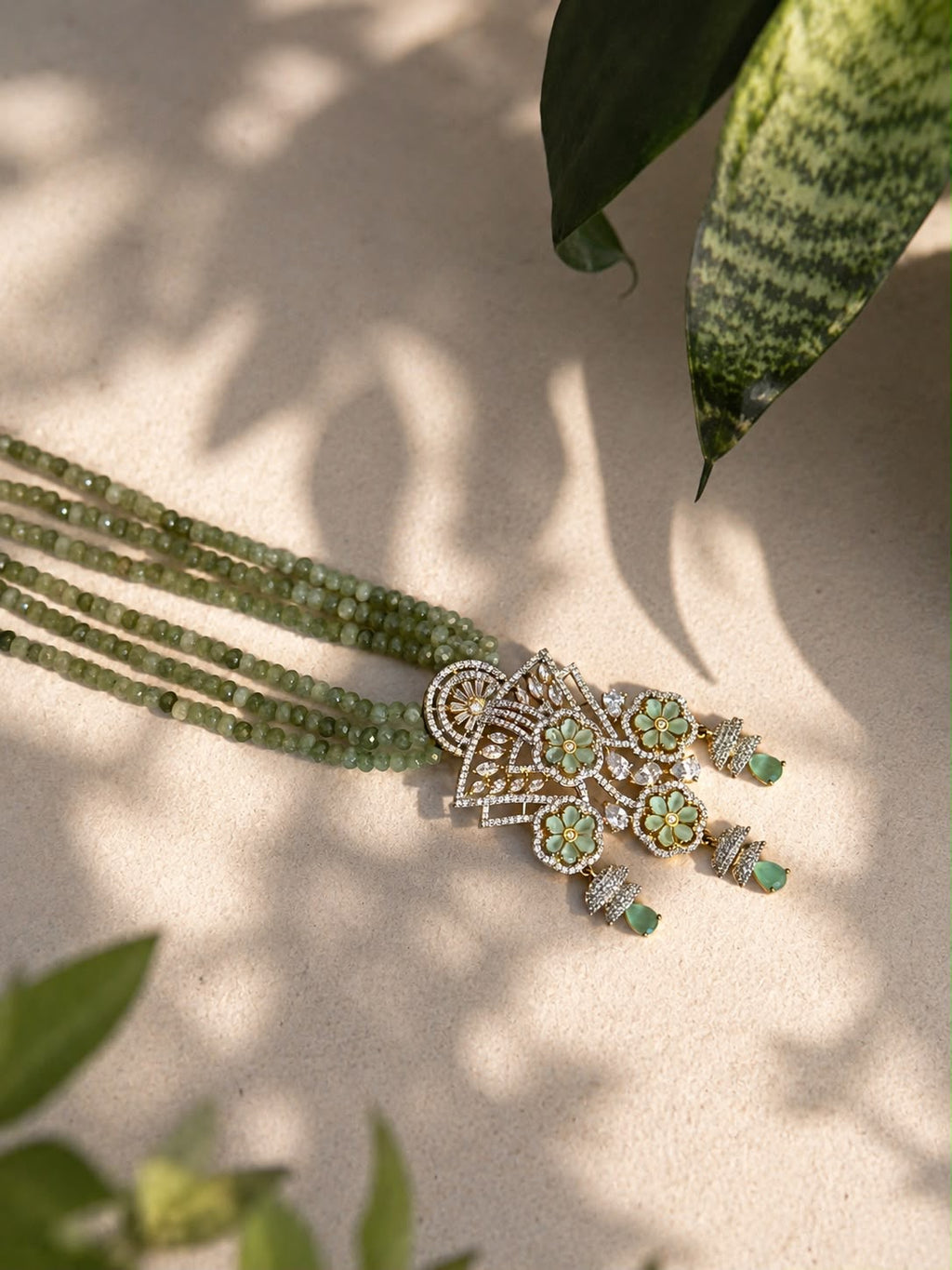 Green Pearl Floral Statement Necklace Set | Gold-Tone CZ Jewellery