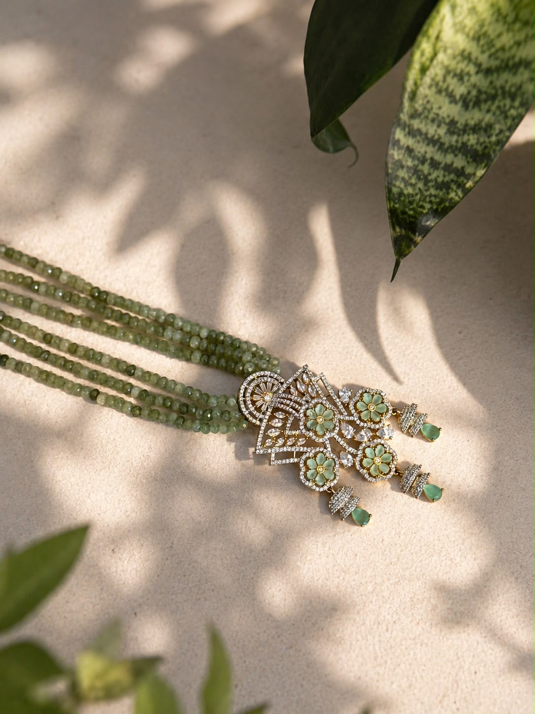 Green Pearl Floral Statement Necklace Set | Gold-Tone CZ Jewellery