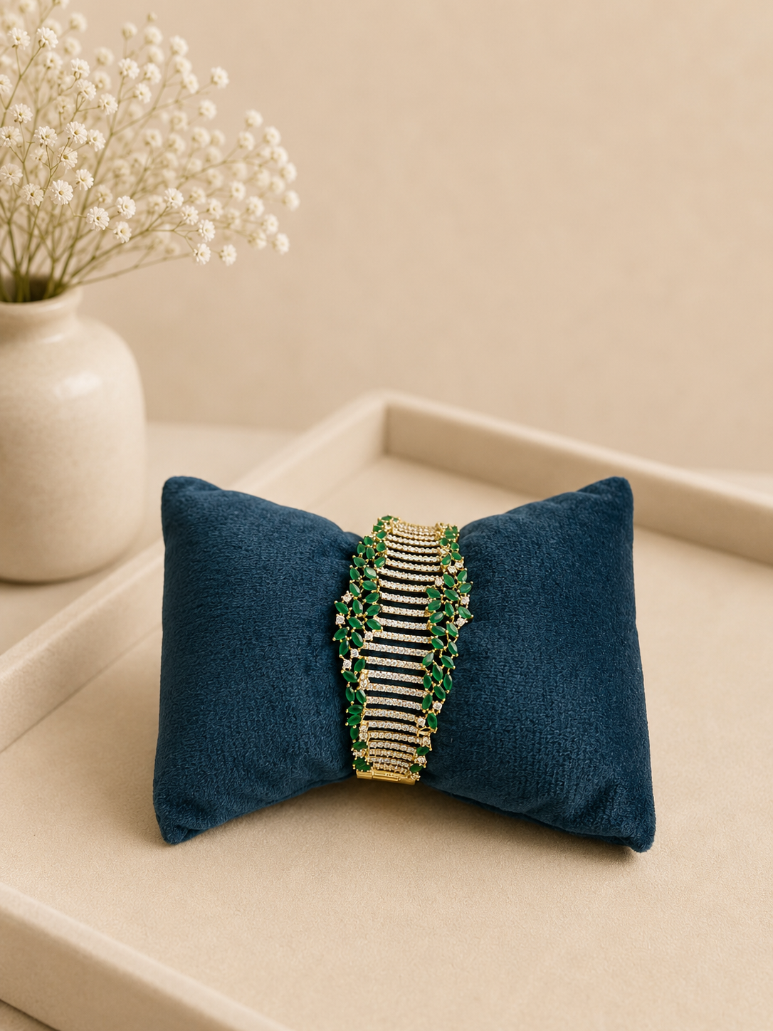 Emerald Luxe Diamond Look Broad Kada Bracelet | Premium Green Stone Statement Cuff