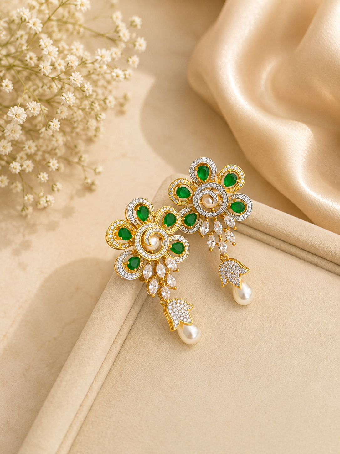 Emerald Pearl Floral Necklace Set | Green Stone Diamond Look Jewellery
