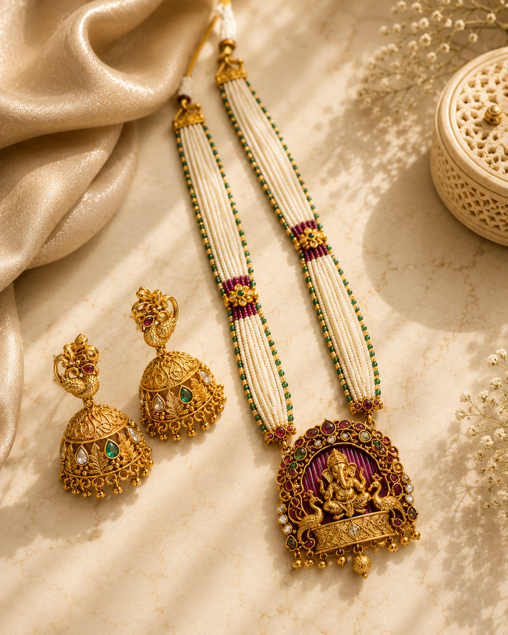 Ganesha Temple Jewellery Long Necklace Set with Pearl Strings & Earrings