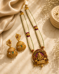 Ganesha Temple Jewellery Long Necklace Set with Pearl Strings & Earrings