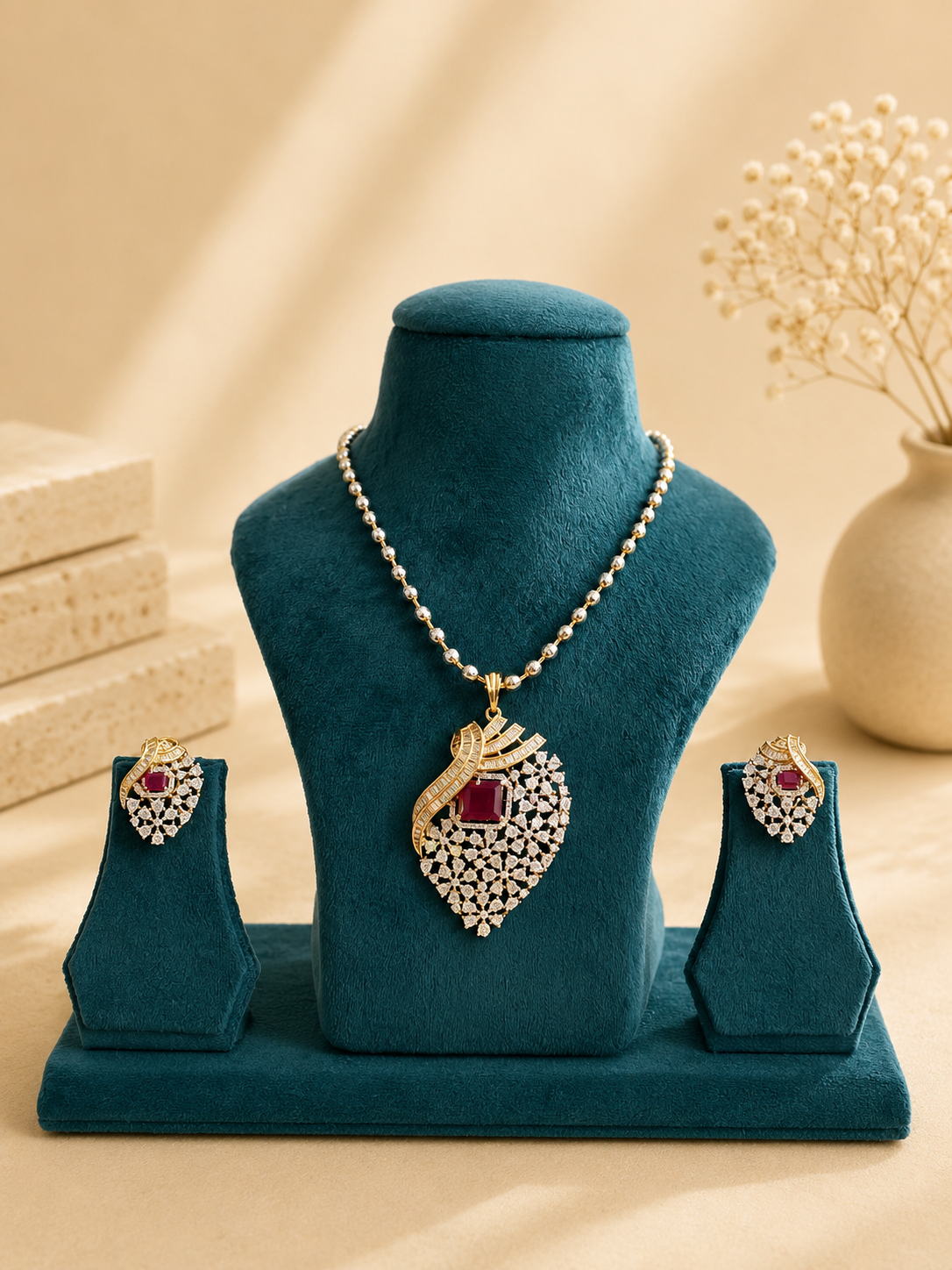 Ruby Stone Designer Pendant Necklace Set for Women | Statement Party Wear Jewellery