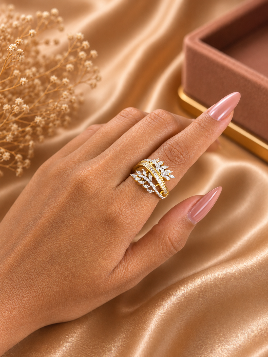 Diamond Leaf Wrap Ring | American Diamond Adjustable Designer Statement Ring for Women