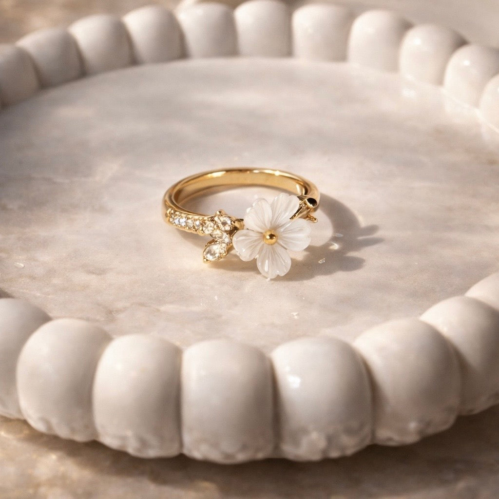 White Flower charm ring