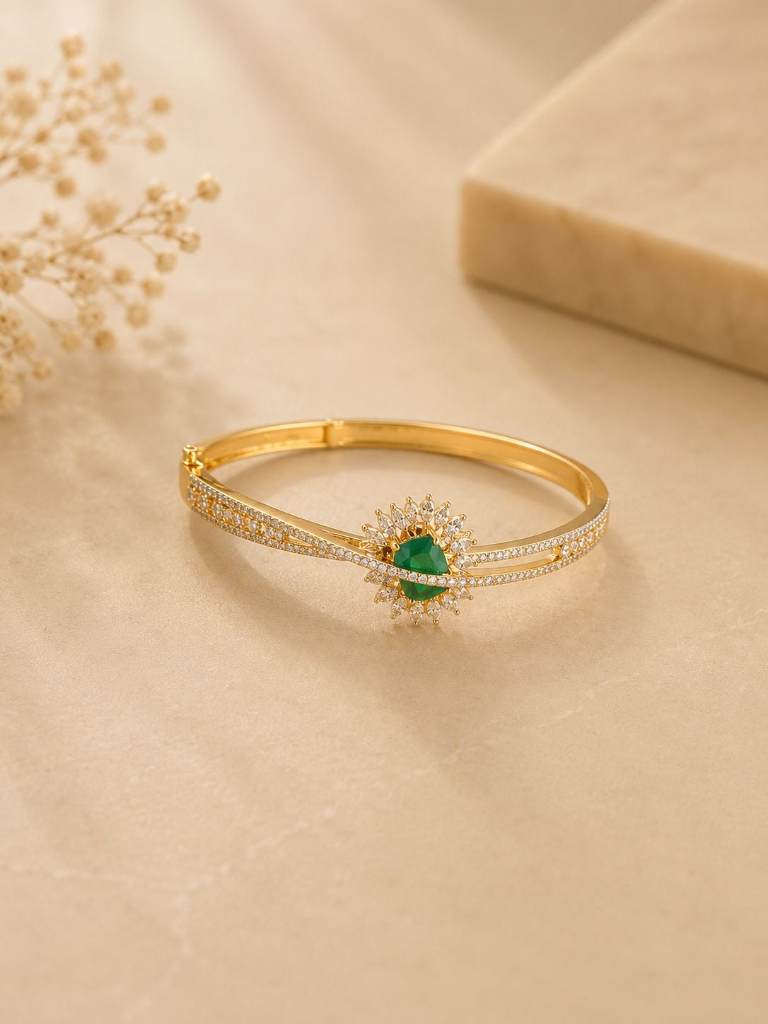 Emerald Diamond Minimal Open Bangle Bracelet