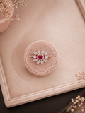 Adjustable Ruby Red Stone Floral Statement Ring with Diamond Look Detailing