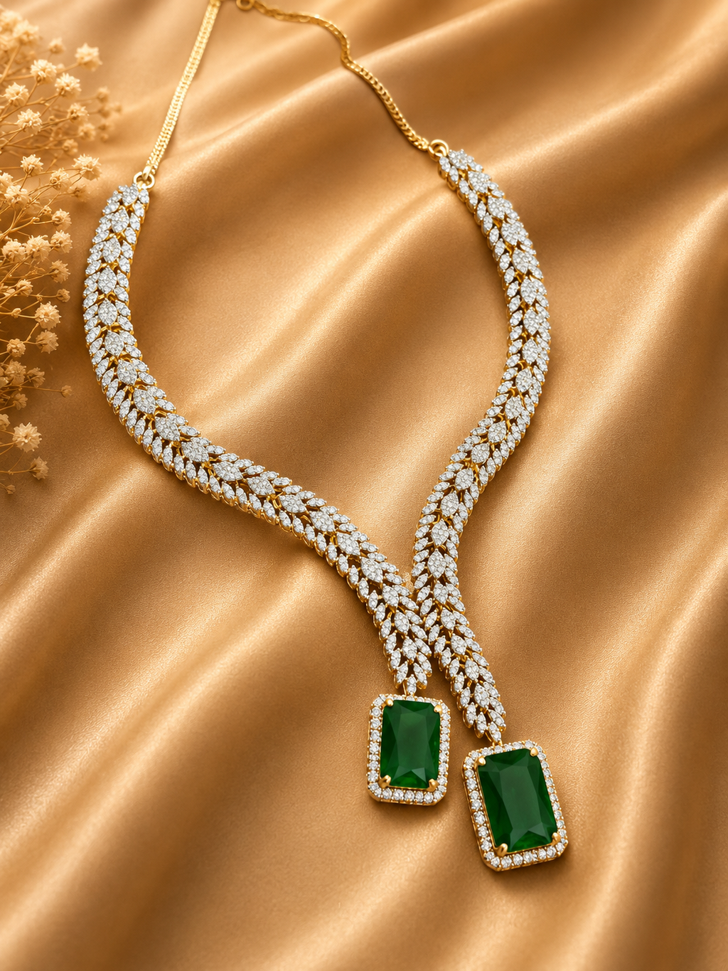 Emerald Green American Diamond Y Necklace Set with Matching Earrings | Luxury Designer Jewellery