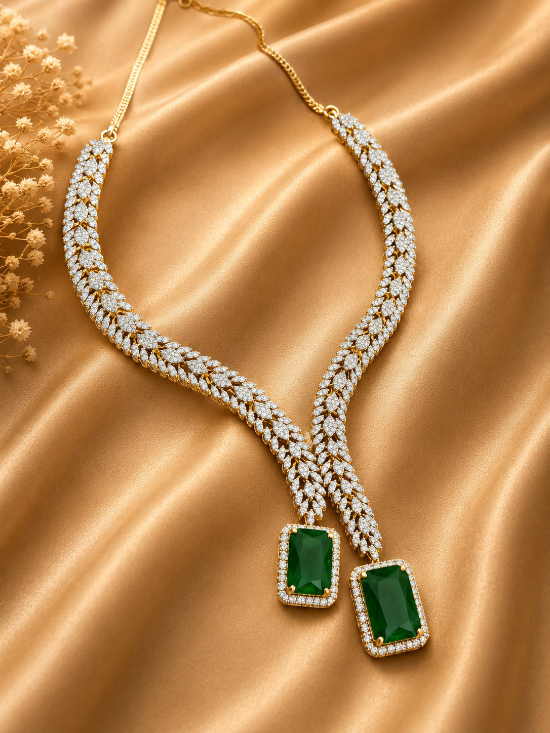 Emerald Green American Diamond Y Necklace Set with Matching Earrings | Luxury Designer Jewellery