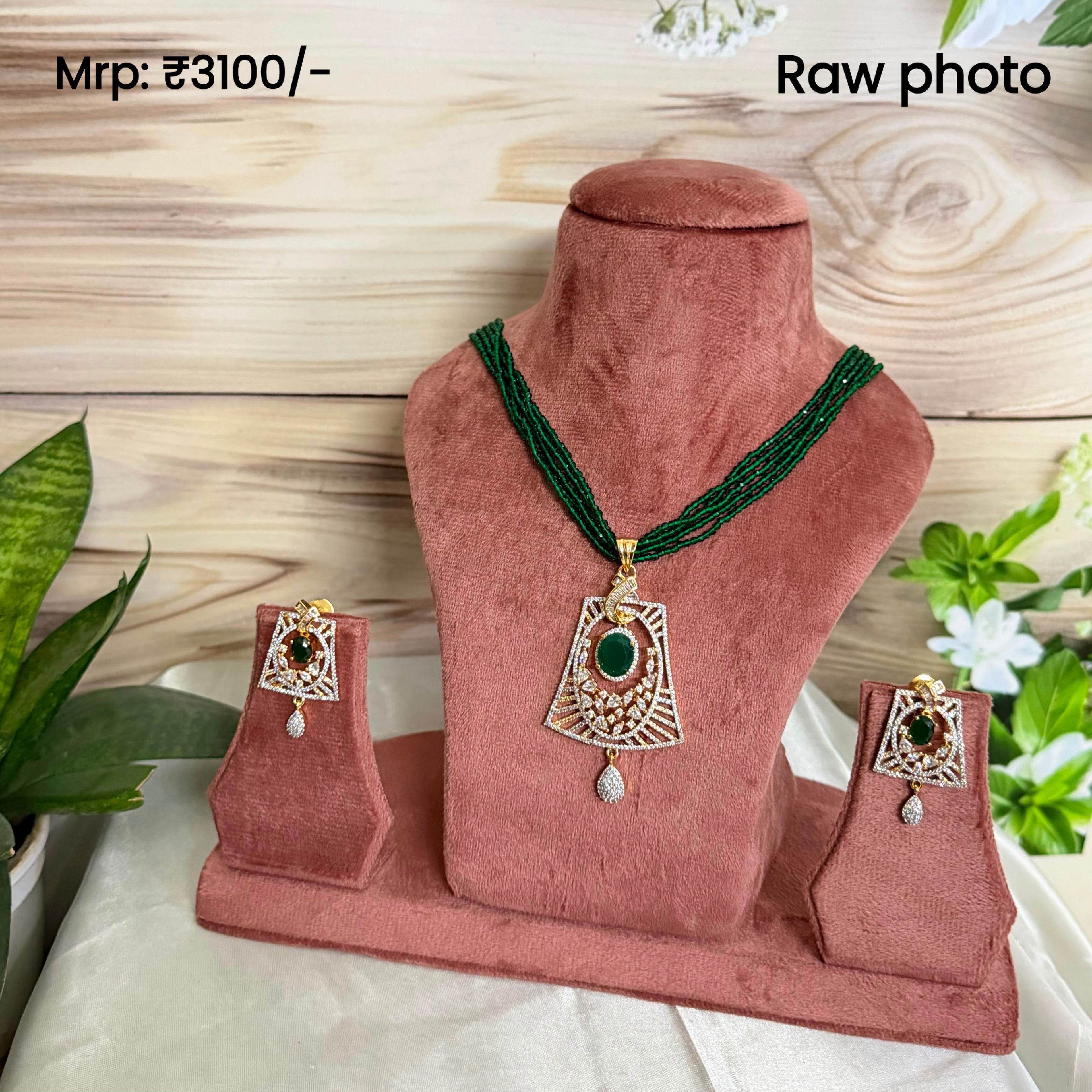 Emerald Royale Beaded Pendant Set | Green Stone Diamond Look Necklace Set