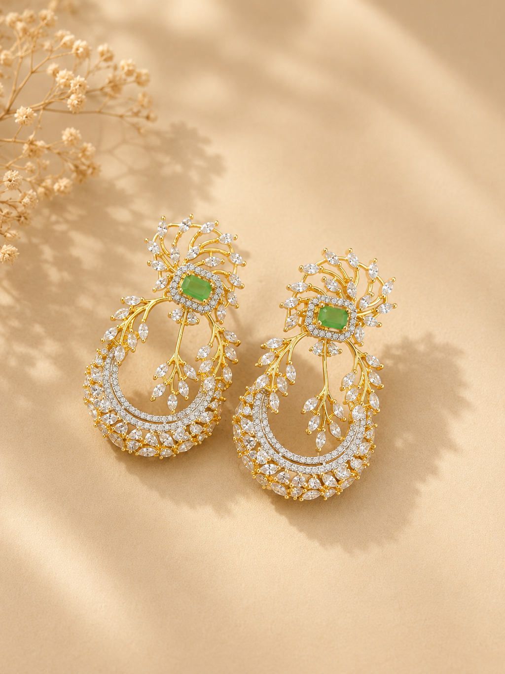 Green Beaded American Diamond Pendant Necklace Set with Matching Earrings | Luxury Designer Jewellery
