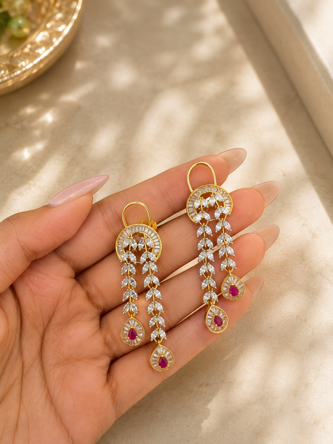 Ruby Cascade Diamond Look Necklace Set | American Diamond Drop Jewellery