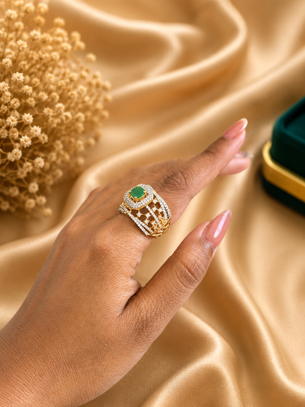 Emerald Green American Diamond Cocktail Ring | Luxury Statement Ring for Women