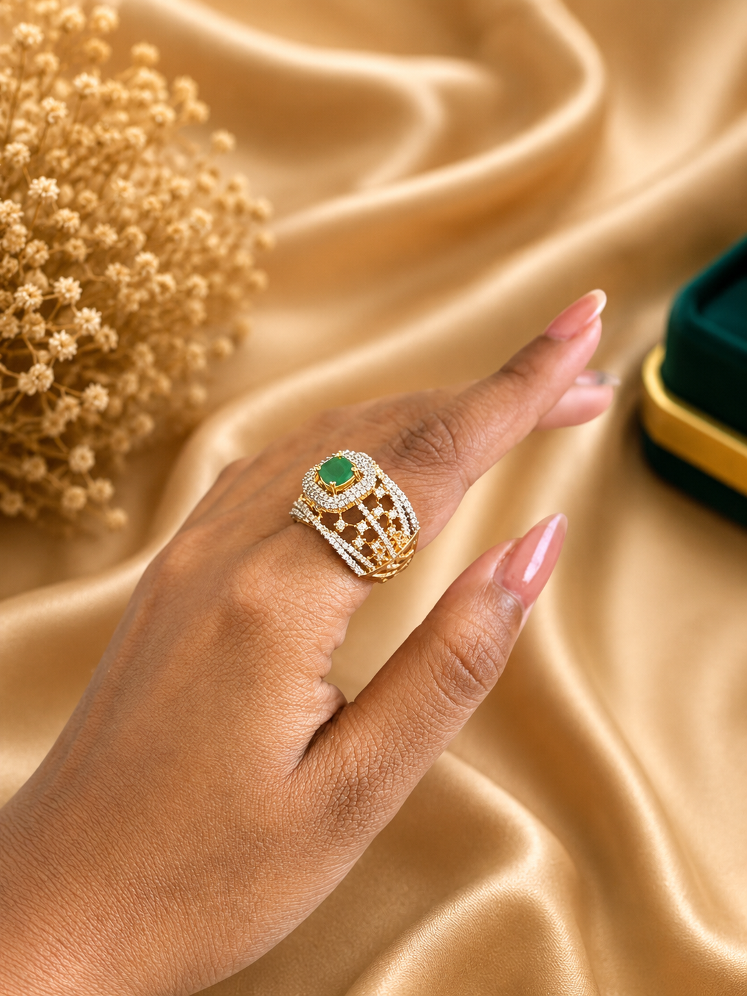 Emerald Green American Diamond Cocktail Ring | Luxury Statement Ring for Women