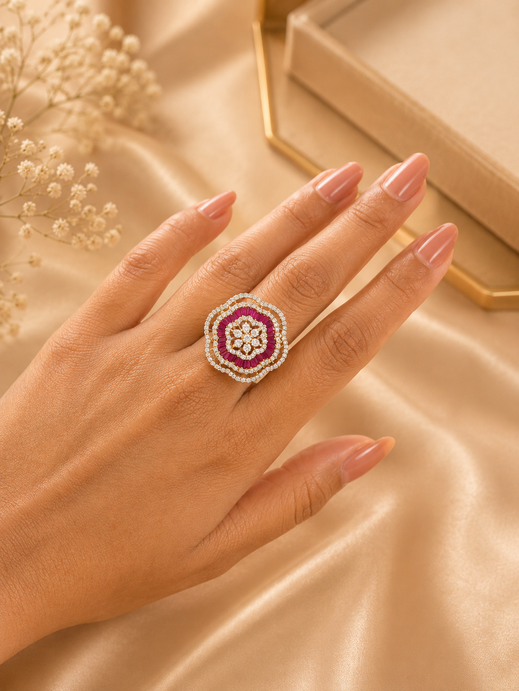Ruby Pink Floral Statement Ring | American Diamond Designer Cocktail Ring for Women