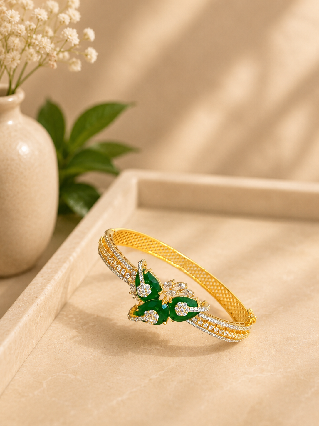 Emerald Butterfly Diamond Look Bracelet | Green Stone Designer Open Kada