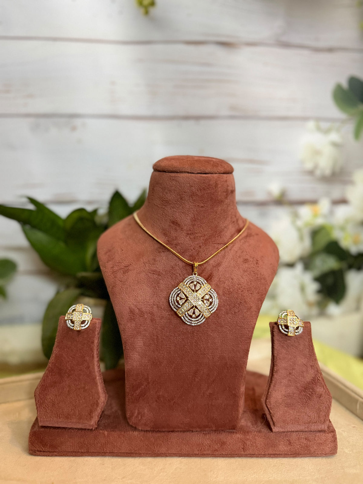 Gold Look Diamond Pendant Necklace Set with Statement Earrings