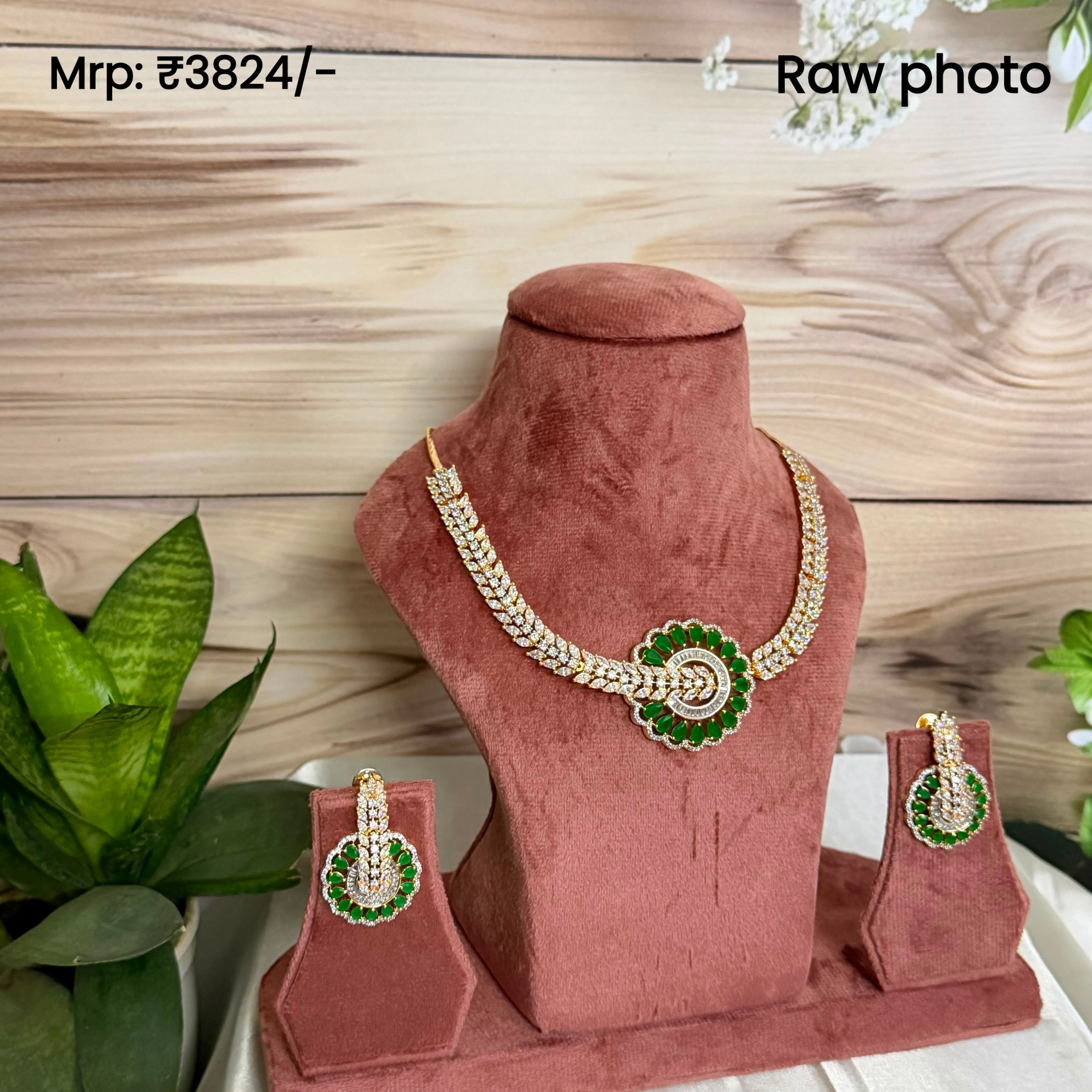 Emerald Halo Diamond Look Necklace Set | Green Stone American Diamond Jewellery