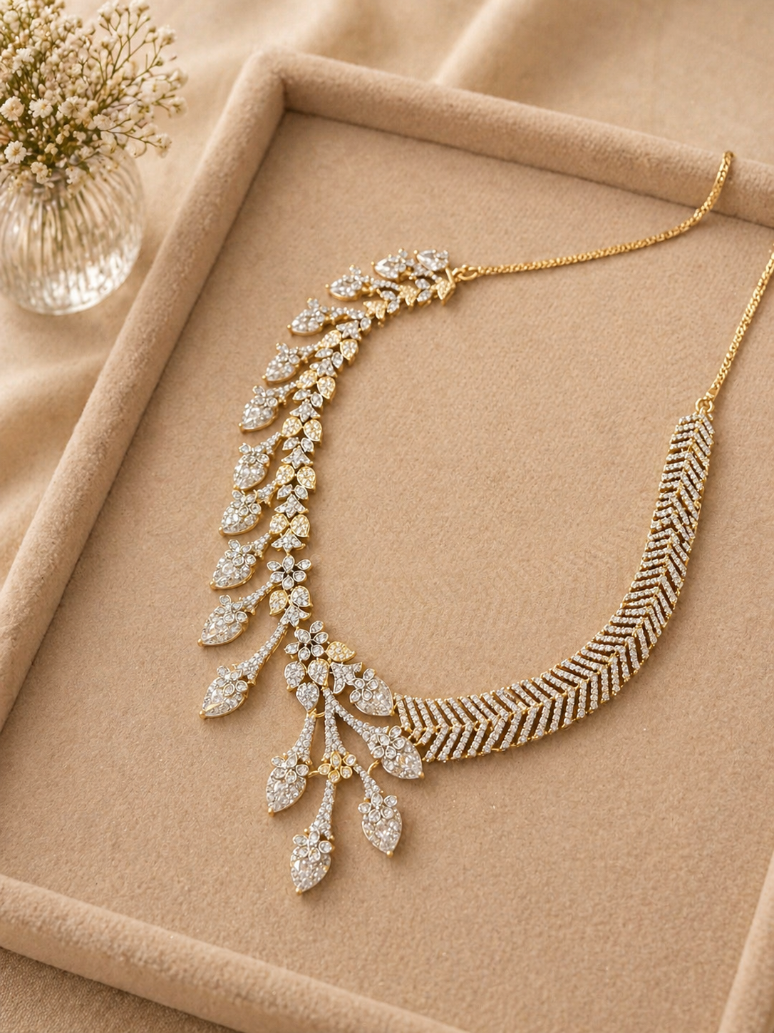 Gold Plated American Diamond Floral Necklace Set with Cascading Drop Earrings
