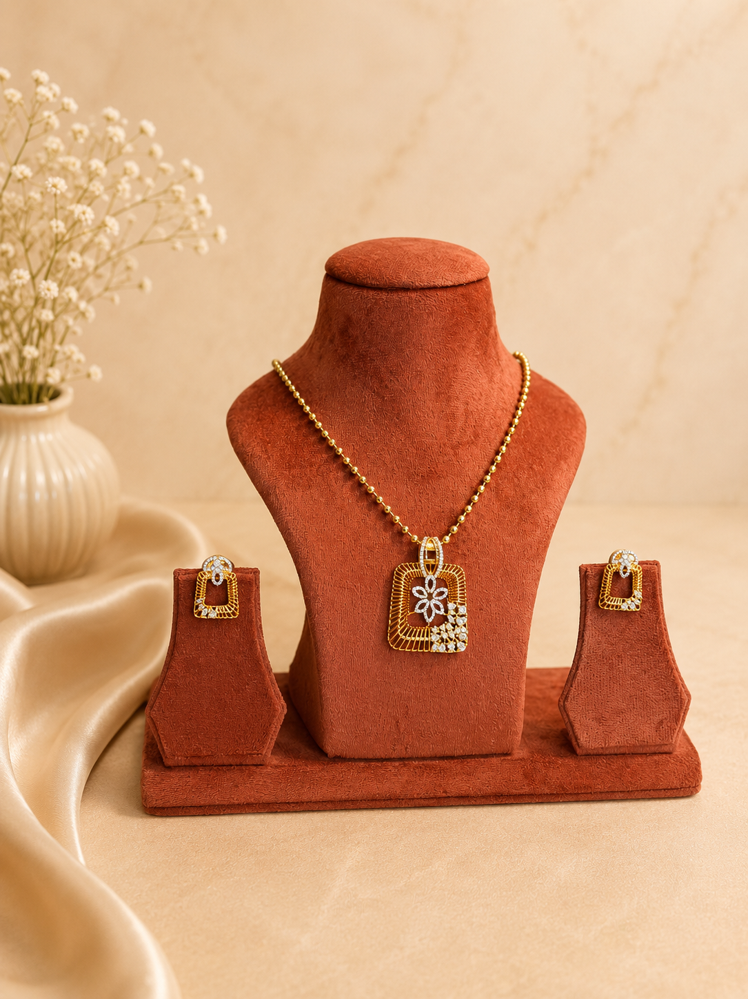 Geometric Diamond Look Pendant Set | Contemporary Gold Tone Jewellery
