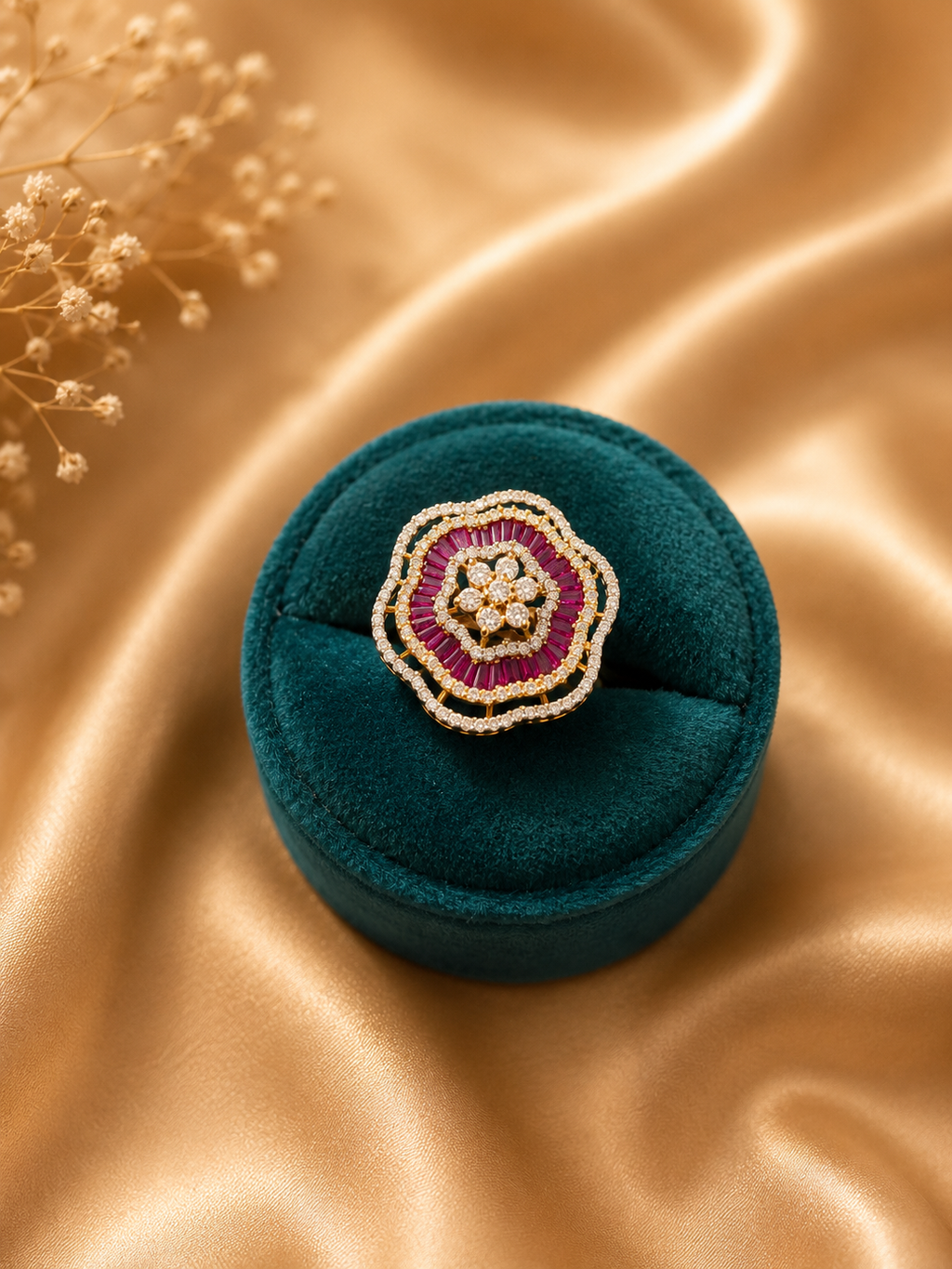 Ruby Pink Floral Statement Ring | American Diamond Designer Cocktail Ring for Women
