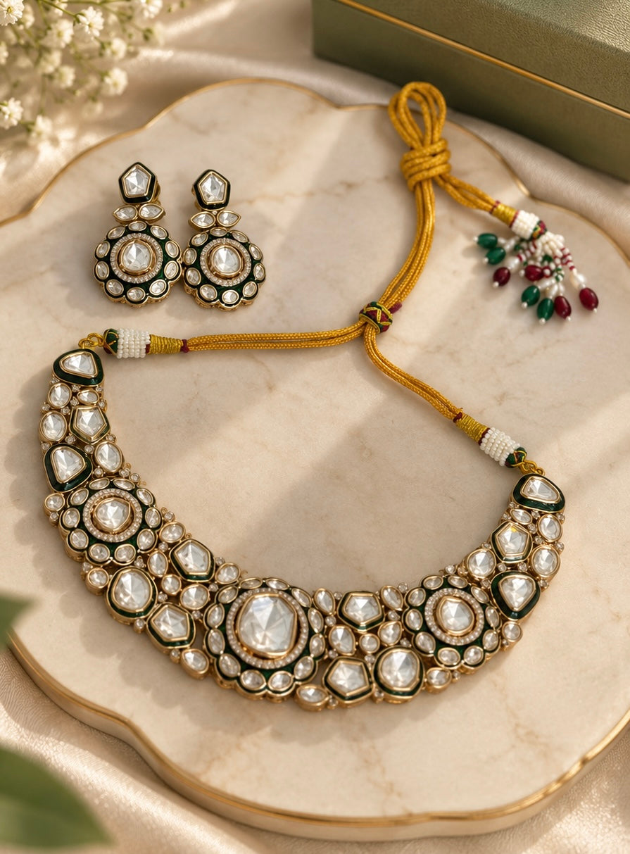 Green Kundan Necklace Set with Pearl Drops