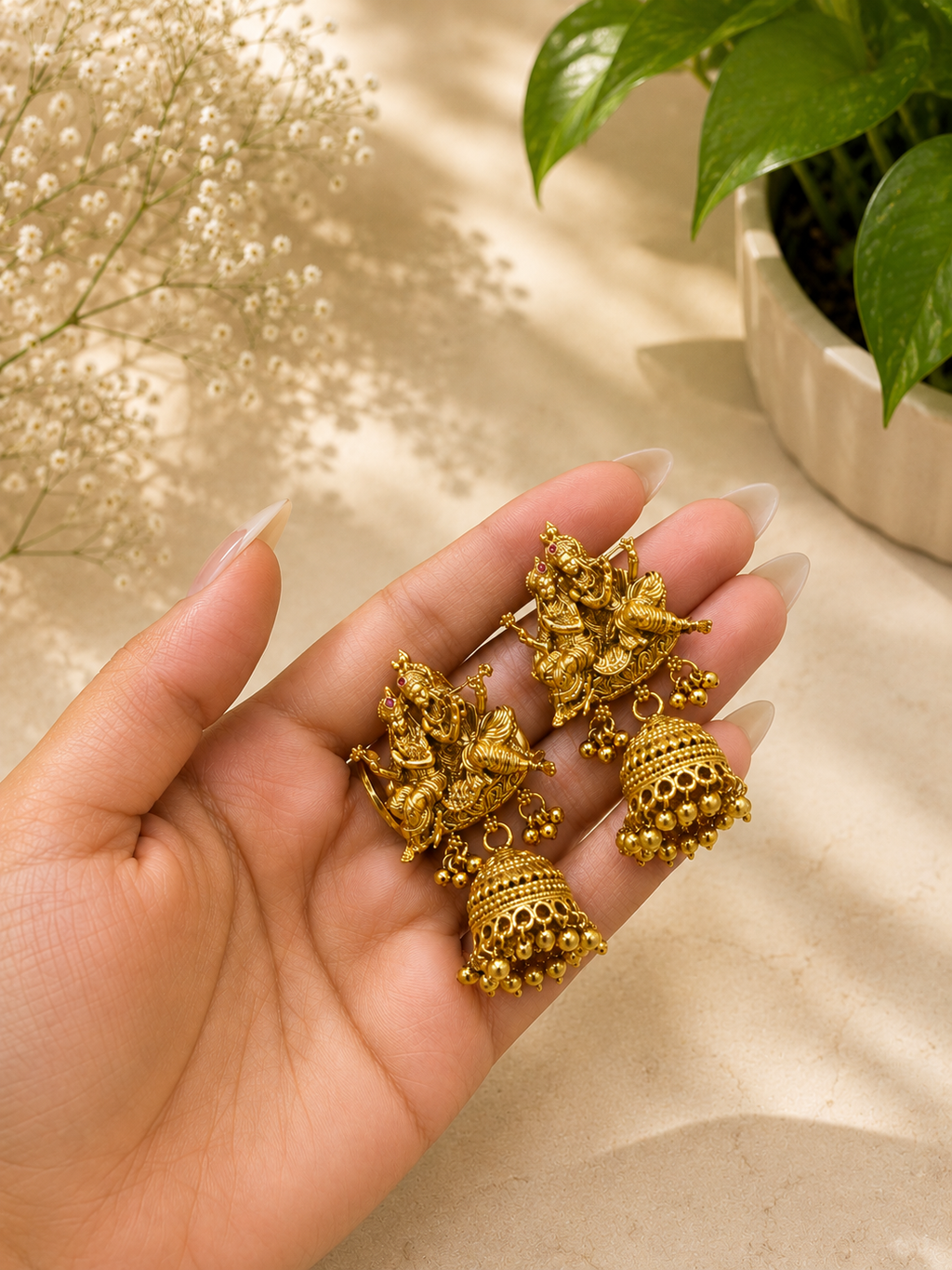 Temple Radha Krishna Pearl Necklace Set | Antique Gold Finish Jhumka Earrings | Anti Tarnish Jewellery