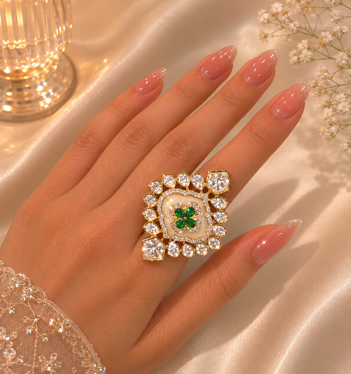 Green Clover Statement Ring with Zircon Detailing