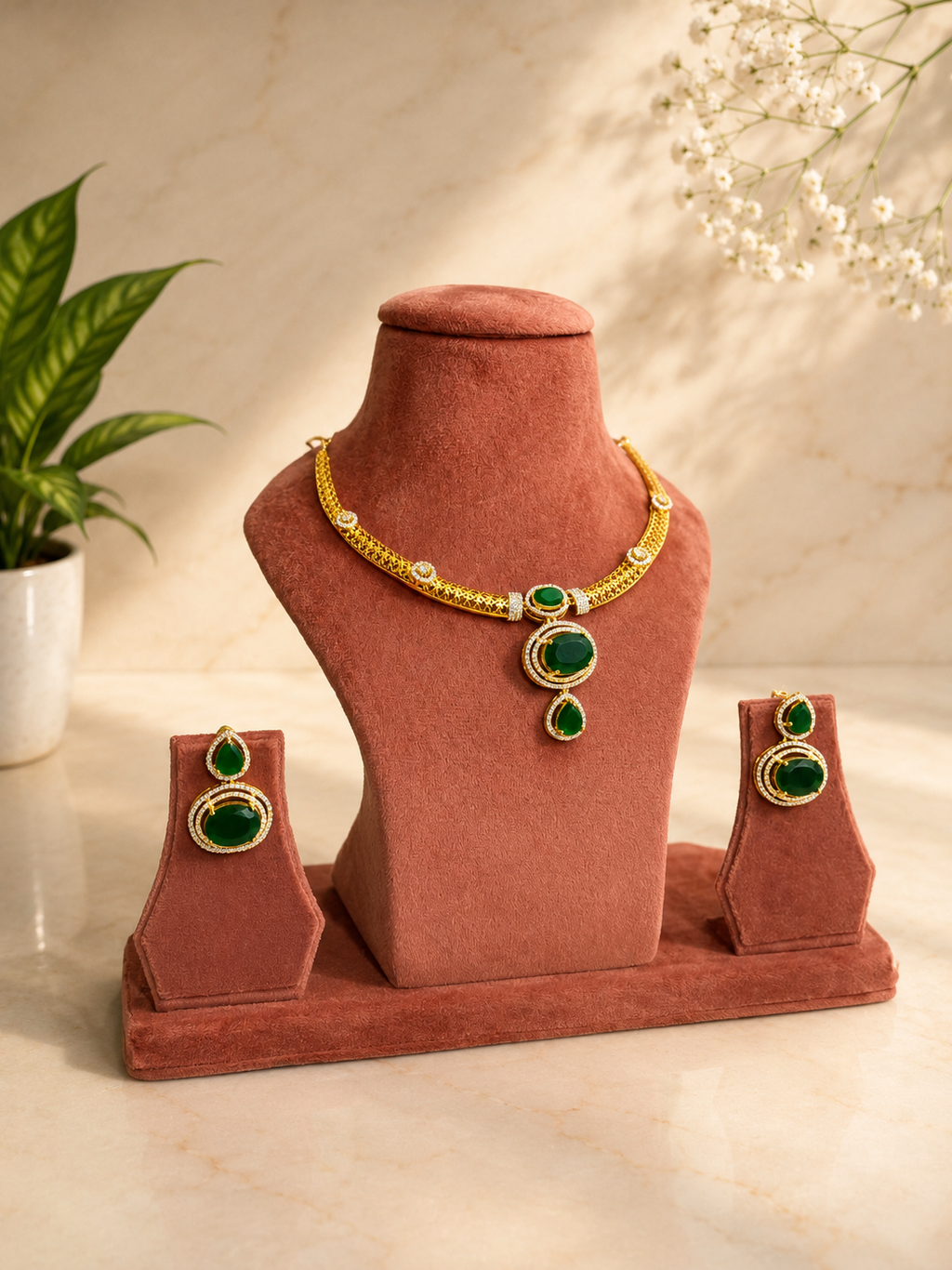 Emerald Royale Pendant Necklace Set | Green Stone Diamond Look Jewellery
