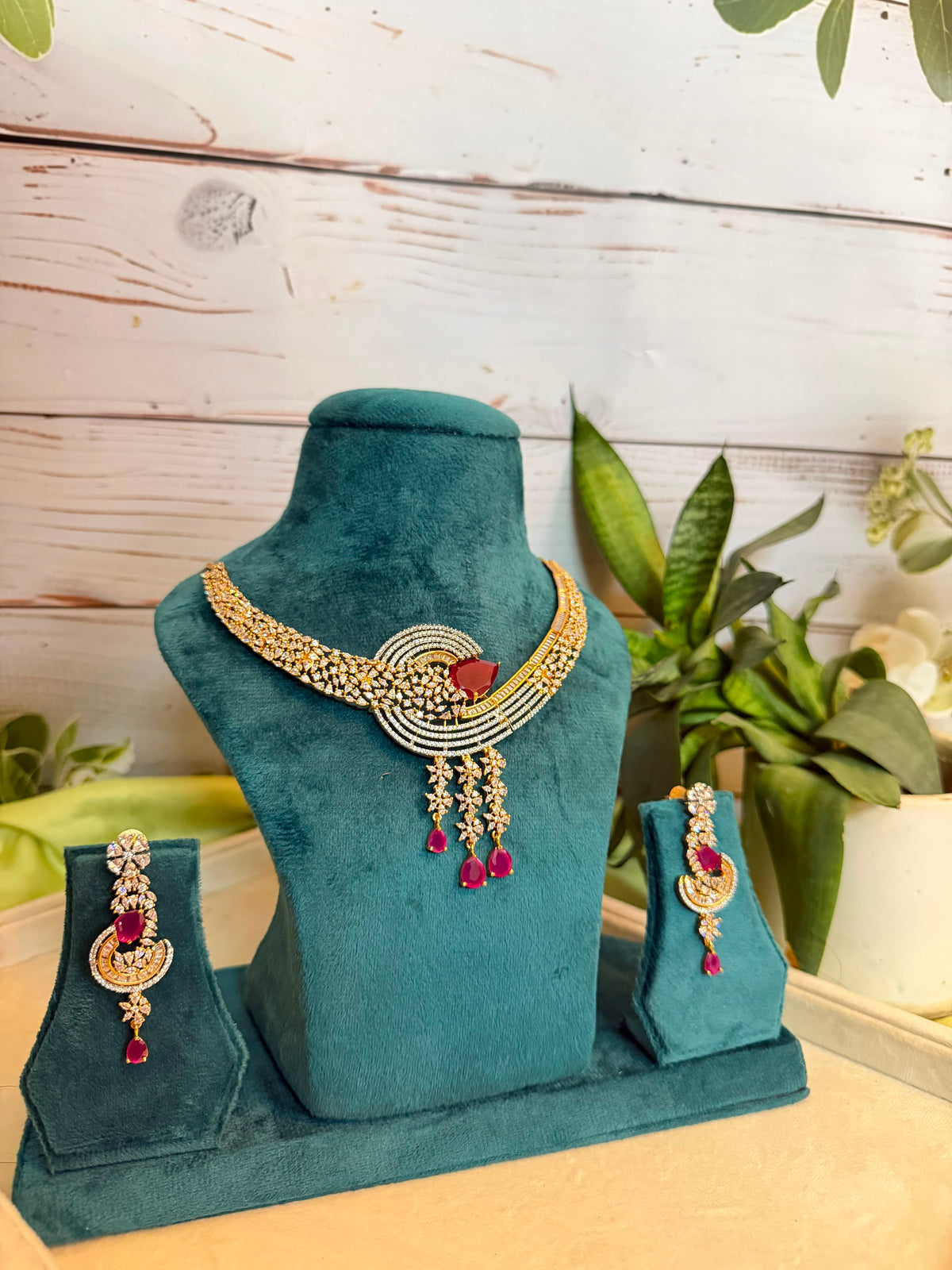 Ruby Drop Diamond Statement Necklace Set
