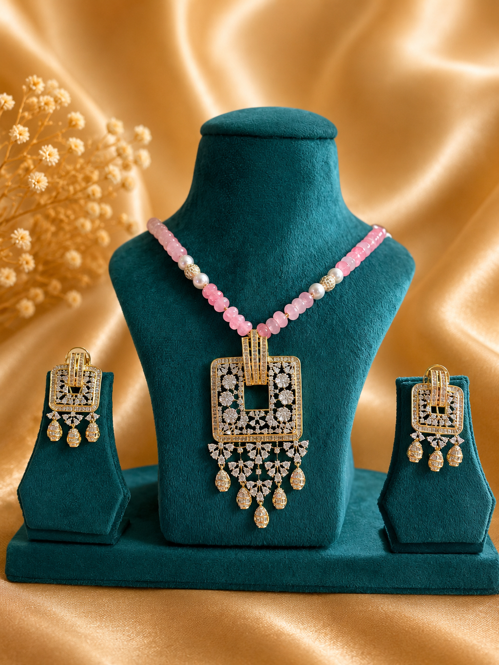Pink Beaded American Diamond Pendant Necklace Set with Matching Earrings | Geometric Designer Jewellery