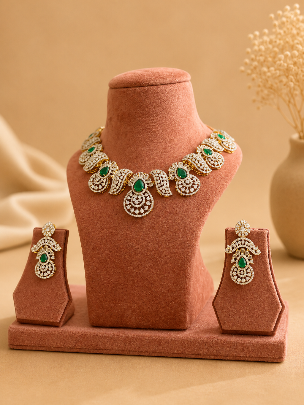 Emerald Green Statement Choker Necklace Set for Women