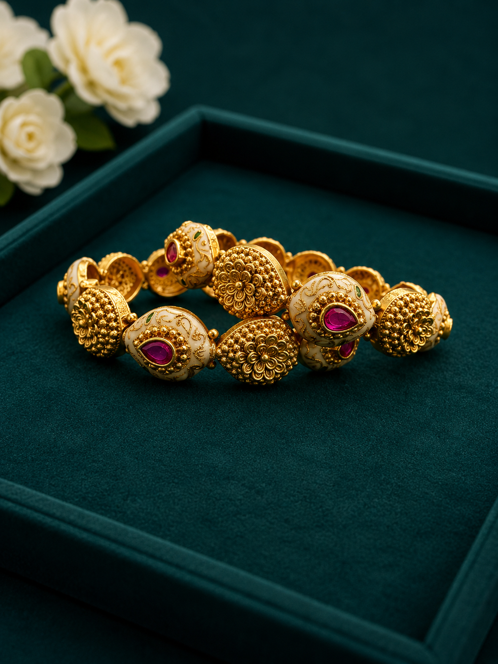 Ruby Enamel Floral Antique Kada Bangles