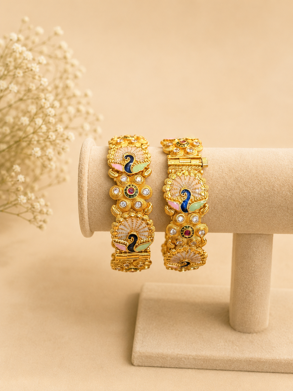 Peacock Kundan Kada Bracelet Set | Traditional Gold Finish Ethnic Bangles for Women