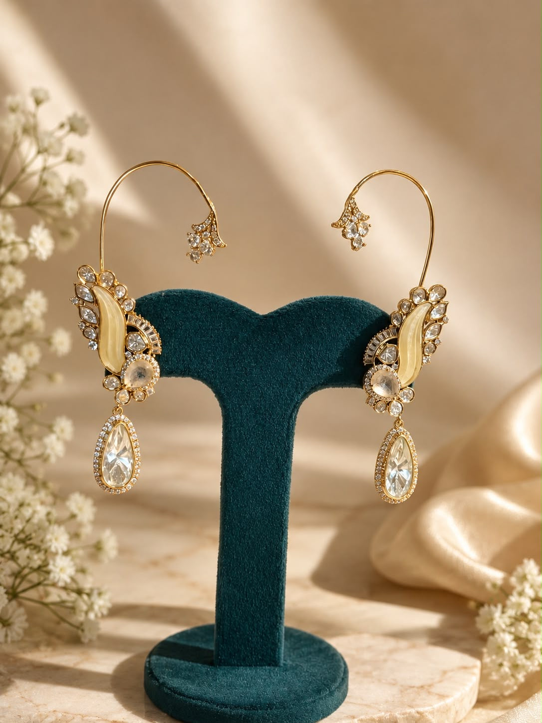 Pearl Crystal Ear Cuff Earrings | Statement Drop Ear Climber | Anti Tarnish