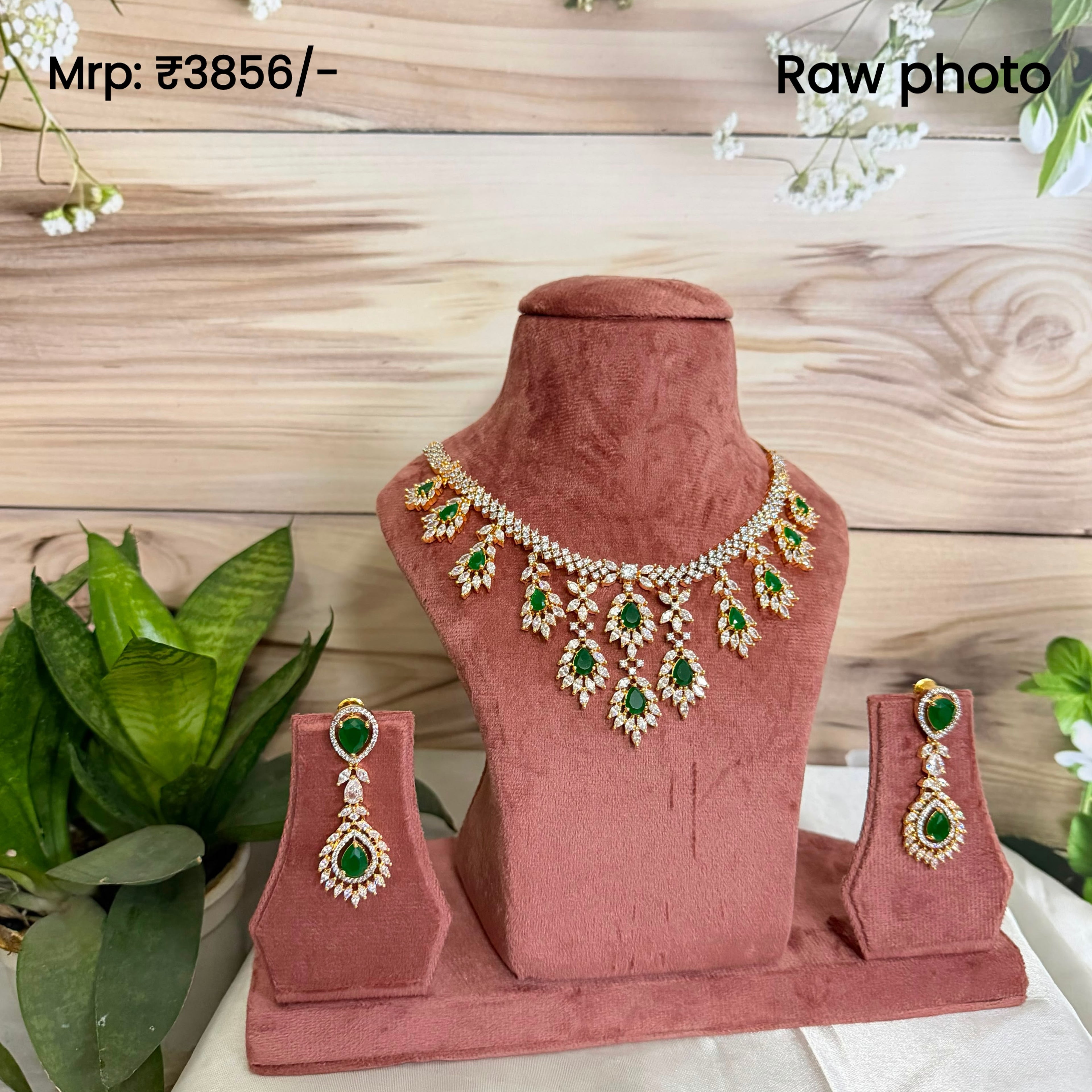 Emerald Dewdrop Diamond Look Necklace Set | Green Stone American Diamond Jewellery