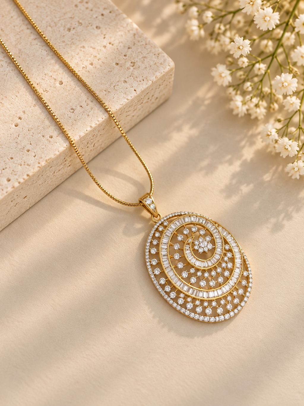 Gold Look Diamond Spiral Pendant Necklace Set