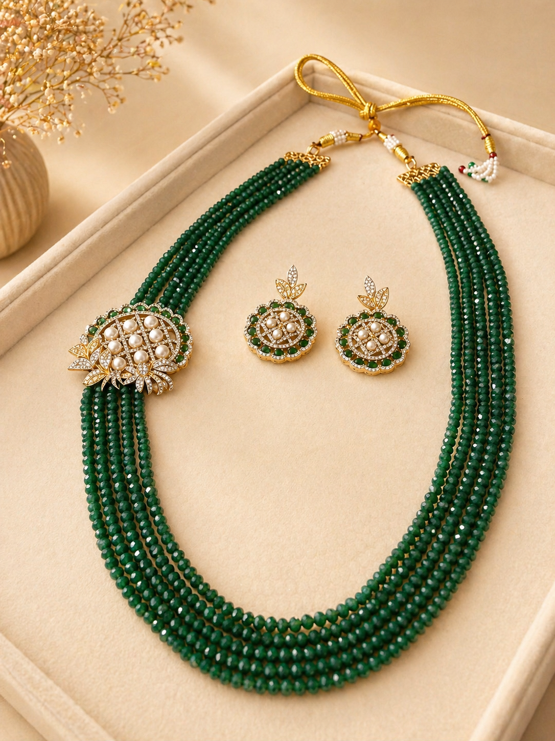 Multi Strand Green Beaded Necklace Set with Pearl and Kundan Detailing