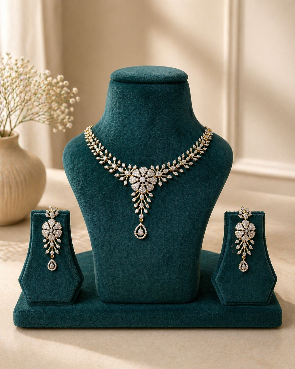 Gold Plated American Diamond Floral Bridal Necklace Set with Drop Earrings