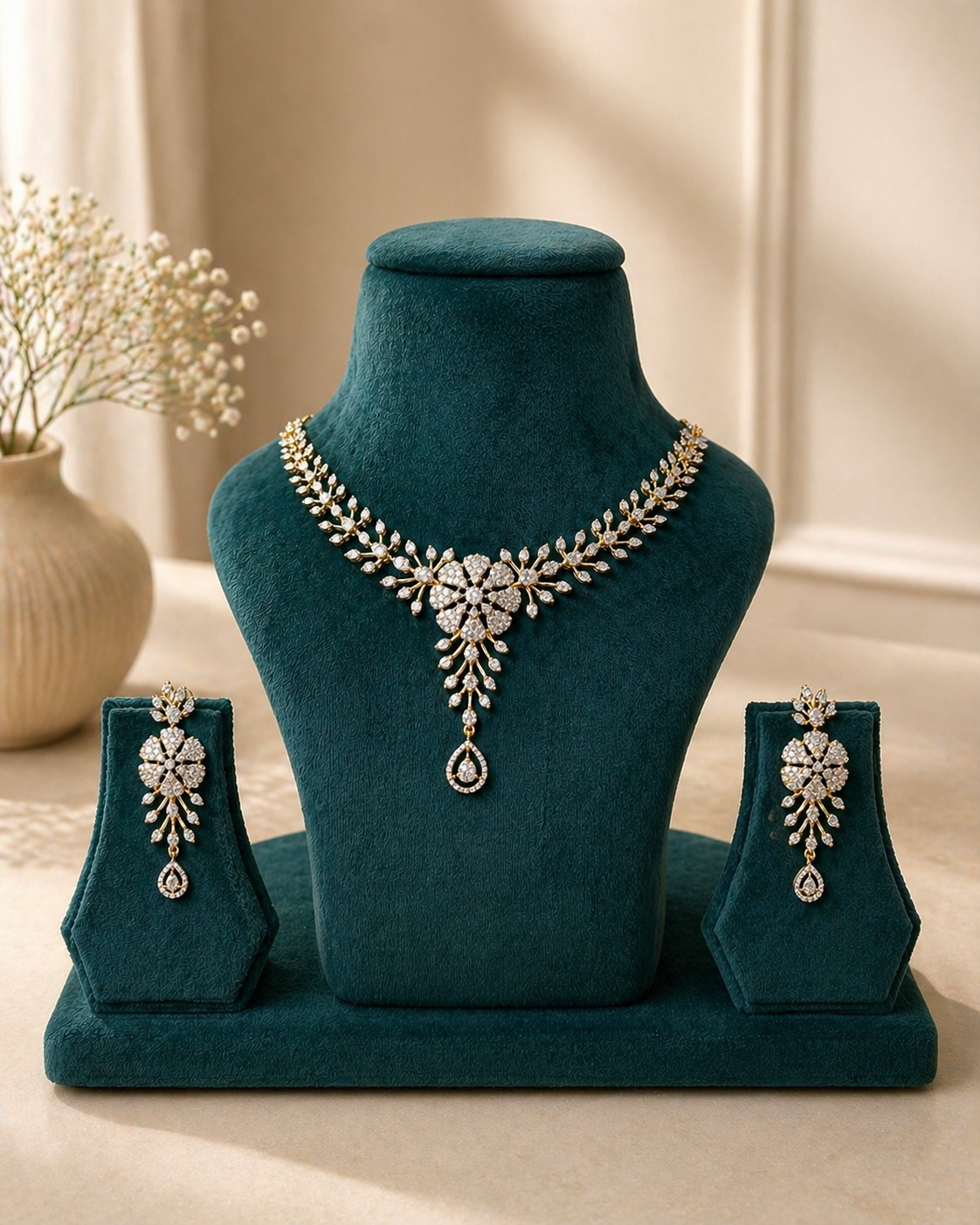 Gold Plated American Diamond Floral Bridal Necklace Set with Drop Earrings