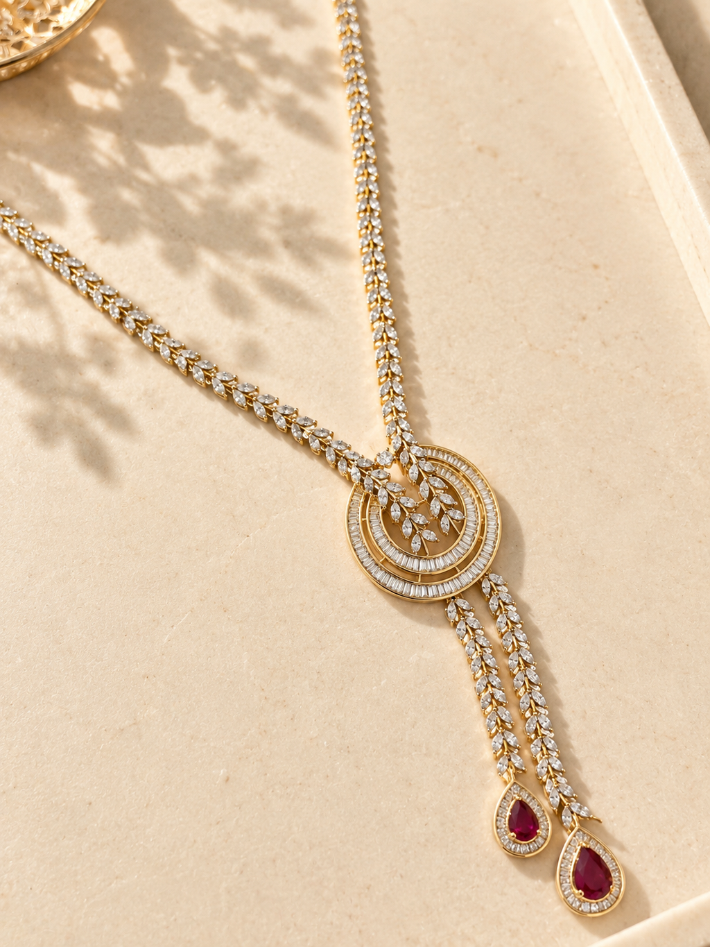 Ruby Cascade Diamond Look Necklace Set | American Diamond Drop Jewellery