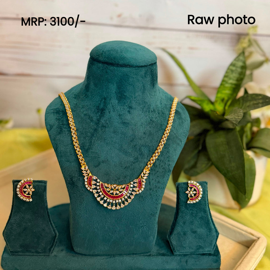Ruby Crescent Statement Necklace Set with Earrings
