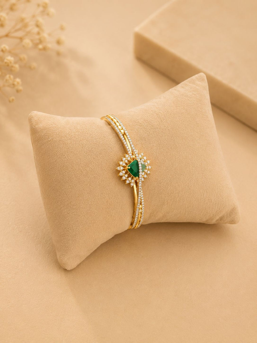 Emerald Diamond Minimal Open Bangle Bracelet