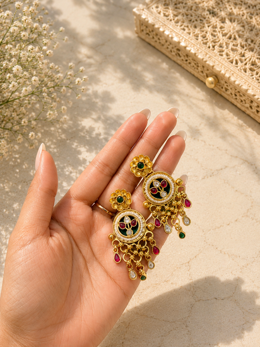 Antique Meenakari Pendant Necklace Set | White Magenta Beaded Heritage Jewellery | Anti Tarnish